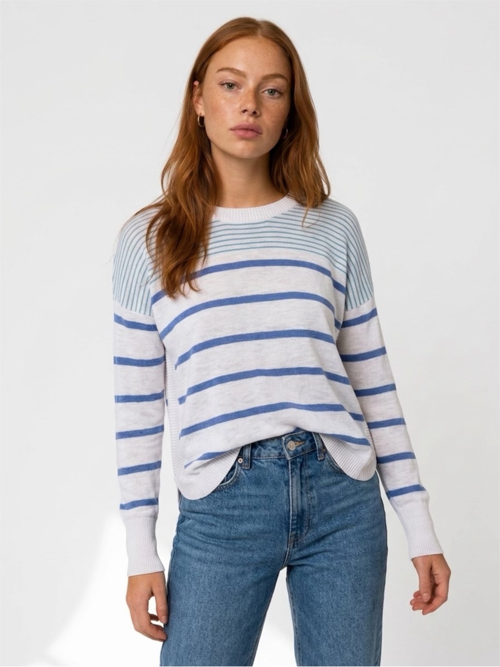 Marled Striped White Blue Cotton Long Sleeve Pullover  Sweater Top Coastal Sz M